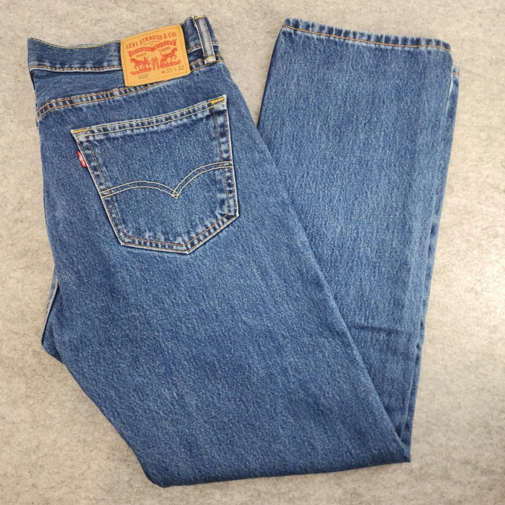 Levi's 505 Blue Straight Leg Regular Fit Denim Jeans Mens 35x32 - Picture 1 of 6